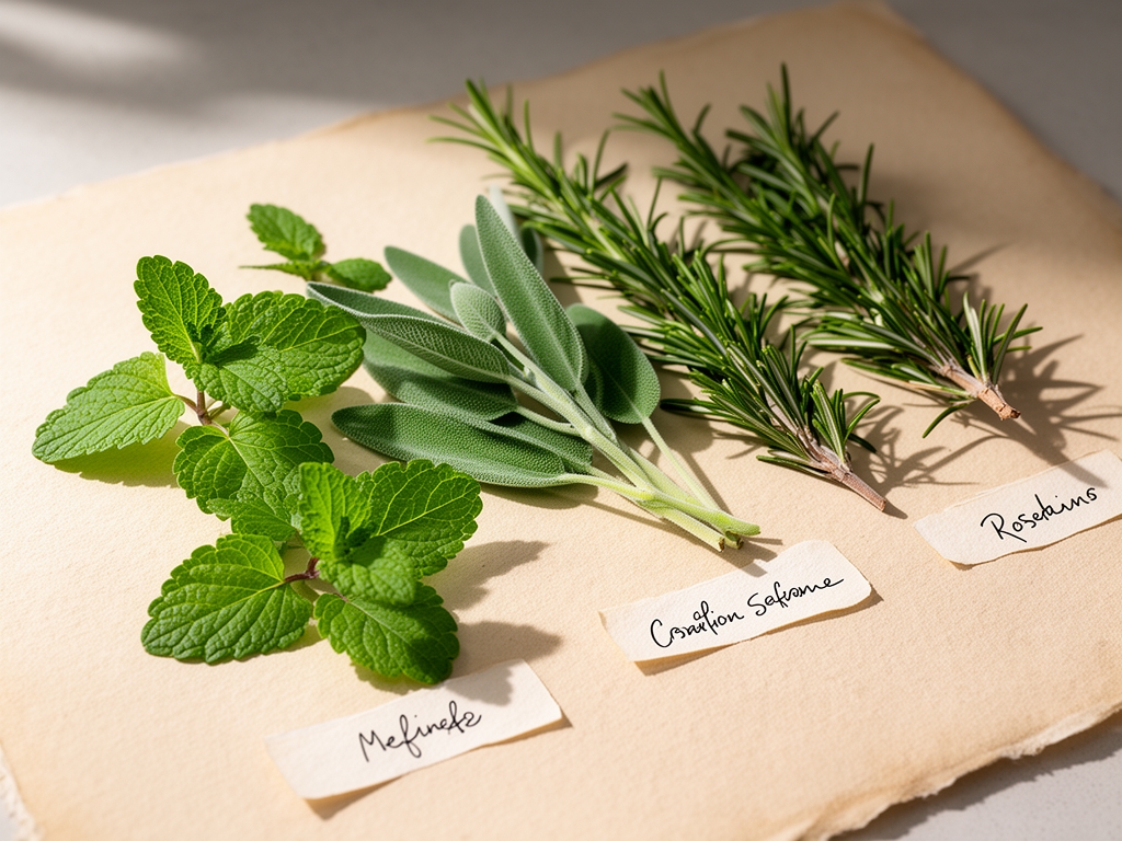 Foglie di diverse piante officinali — melissa, salvia e rosmarino — disposte con cura su carta da acquerello beige, con piccole etichette scritte a mano, luce naturale laterale e ombre morbide