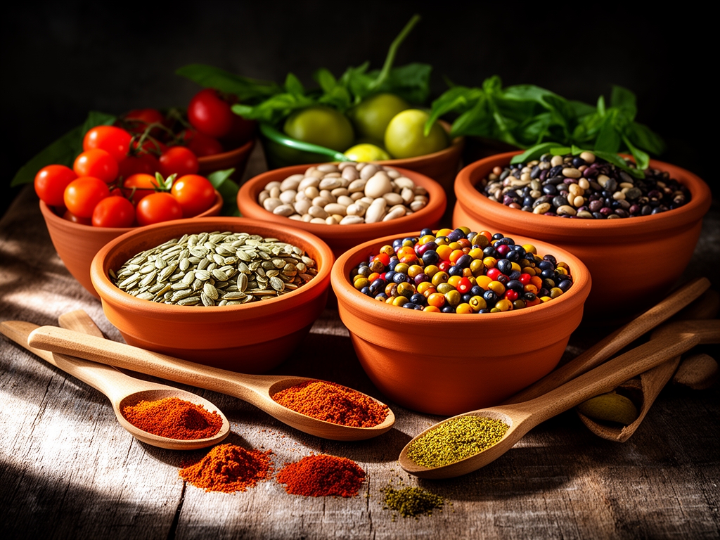Composizione fotografica di verdure colorate, legumi in ciotole di terracotta, spezie in cucchiai di legno su tavolo rustico con luce naturale laterale e ombre profonde
