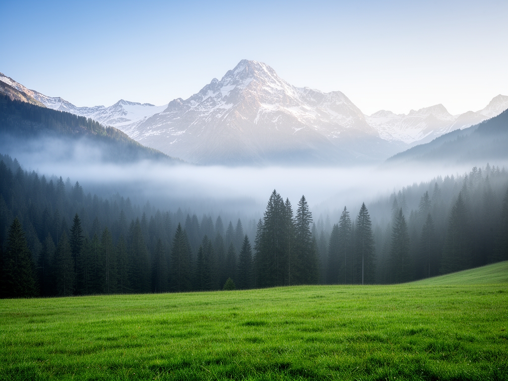 Paesaggio di montagna alpina al mattino presto con prato verde in primo piano, foresta di conifere sullo sfondo e cime innevate avvolte da bruma, atmosfera pura e silenziosa
