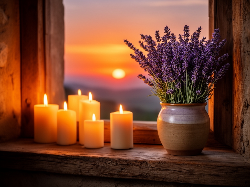 Interno di una stanza rustica al tramonto con candele accese su un davanzale in legno, lavanda in un vaso di ceramica, atmosfera calma e raccolta con luce arancione soffusa